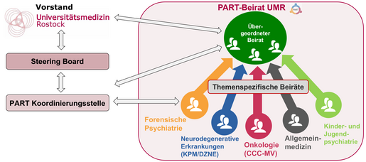 Organisationsstruktur mit Vorstand, Steering Board, PART Koordinierungsstelle und themenspezifischen Beiräten zu Forensischer Psychiatrie, Neurodegenerativen Erkrankungen, Onkologie, Allgemeinmedizin sowie Kinder- und Jugendpsychiatrie